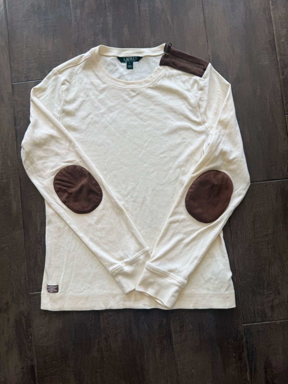 Lauren Ralph Lauren Women’s Cream Brown Elbow Patch Zipper Accent Long Sleeve XL